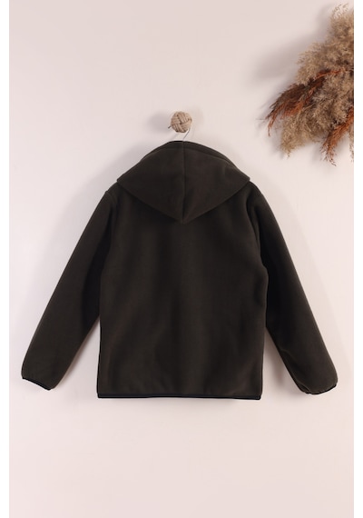 Monox Lastik Manşetli Fermuarlı Kapüşonlu Çocuk Unisex Polar Ceket Haki