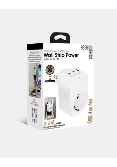 Çeşithane Tekli Akım Korumalı Priz 2x Type-c 1x Usb Duvar Tipi Şarjlı Priz 2