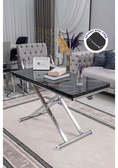 Home Üst Tabla Mdf Siyah Mermer Oval Köşe Alt Krom