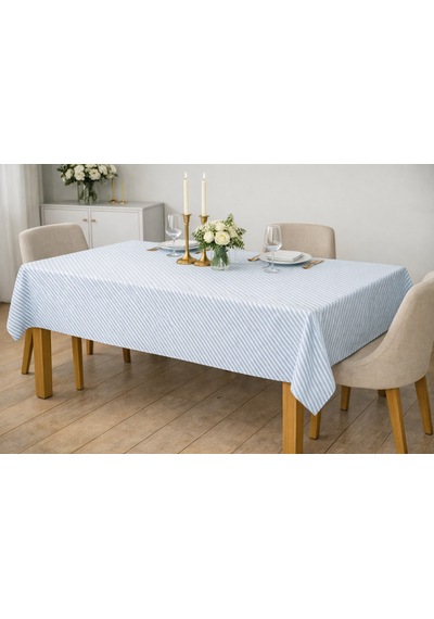 Faralya Life %100 Pamuklu Masa Örtüsü 140x200 Cm Dikdörtgen Sofra Örtüsü Turkuaz Çizgili
