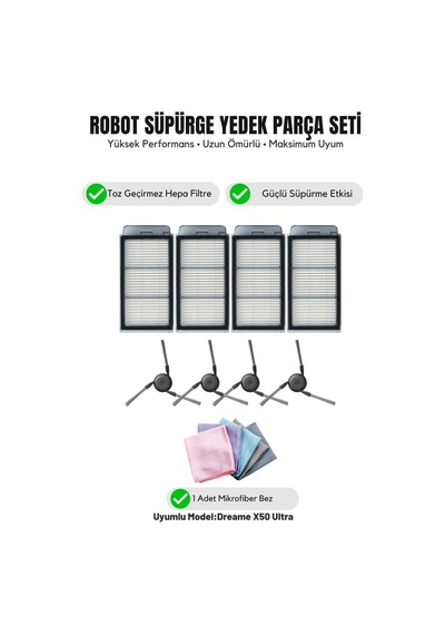 Dreame X50 Ultra İle Uyumlu 4 Yan Fırça 4 Filtre 1 Temizlik Bezi 10.0