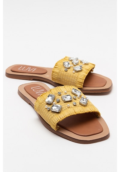 Luvishoes Norve Sarı Hasır Taşlı Kadın Terlik Sarı