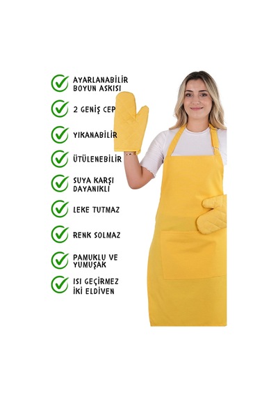 Simple 3lü Set Ayar Askılı Cepli Mutfak Önlüğü Seti 2 Eldiven Şef Garson Kafe Aşçı Barista Sarı