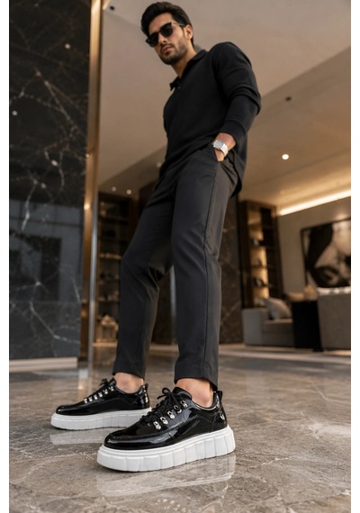 Mevese Duolc Bağcıklı Rugan Erkek Günlük Rahat Taban Sneaker Ayakkabı - Siyah Beyaz Siyah Beyaz Rugan
