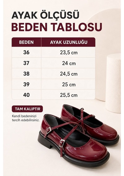 Dabab Shoes Marsel Kadın Bordo Rugan Çapraz Bantlı Tokalı 2 Cm Kalın Taban Mary Jane Ayakkabı