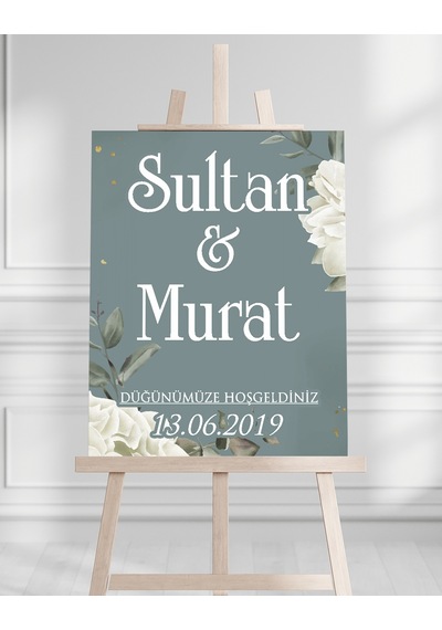 Söz Nişan Düğün İçin 50x70 Karşılama Panosu - Beyaz Çiçek Ve Turkuaz Tasarımlı