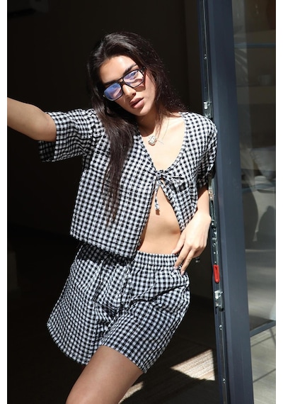 Madmext Siyah Pötikareli Şort Bluz Takım Mg2373
