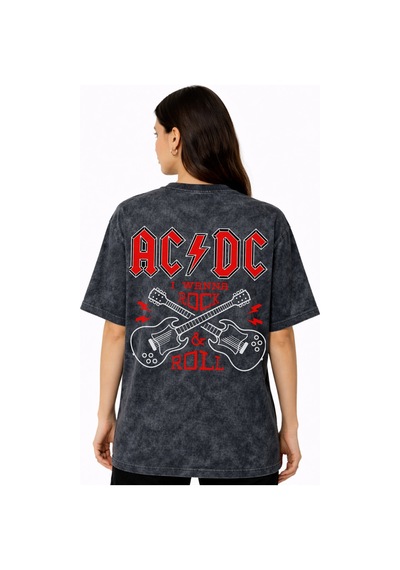 Ac Dc I Wanna Rock And Roll Müzik Grubu Sırt Baskılı Unisex Overs Siyah