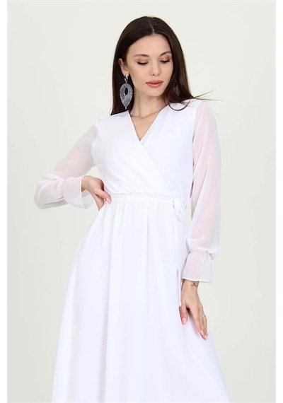 Dip Moda Kadın Kuşaklı Astarlı Uzun Şifon Elbise Dpnb003 BEYAZ Dip Moda Kadın Kuşaklı Astarlı Uzun Şifon Elbise Dpnb003 BEYAZ