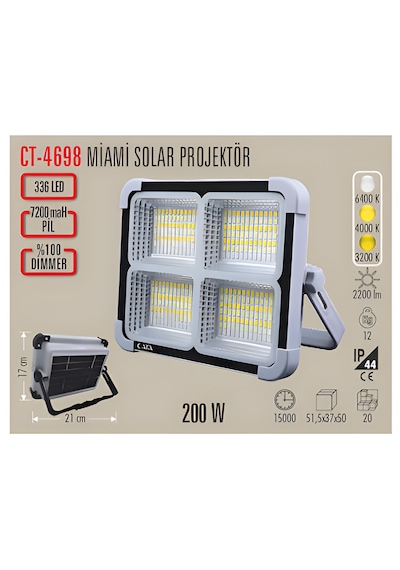 Cata Ct-4698 Solar Projektör 200w Şarjlı Led Projektör Ip65 3 Renk Modlu Dimmerli Işık