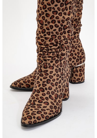 Luvishoes Luvi Shoes 120 Siyah Sarı Desenli Körüklü Kadın Kalın Topuklu Çizme Leopar