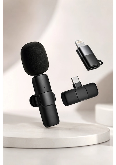 Kablosuz Yaka Mikrofonu Usb-c Ve Lightning Adaptörlü Telefon Uyumlu Kompakt Ses Kiti