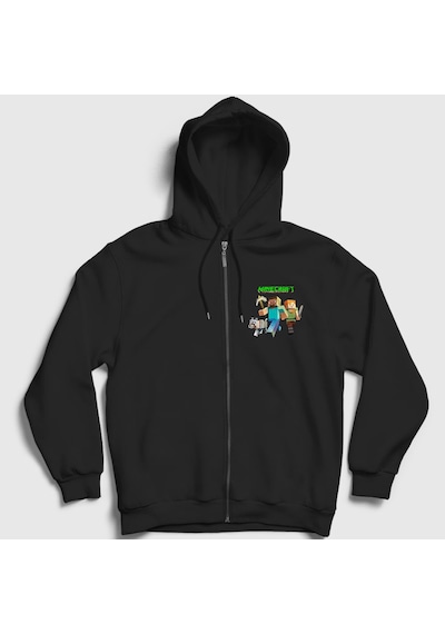 Presmono Unisex Miners Minecraft Fermuarlı Kapüşonlu Sweatshirt Siyah