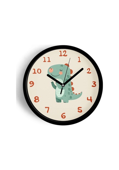 Sevimli Dinozor Çocuk Odası Duvar Saati - 25cm - Önü Camlı Siyah Kasa - Sessiz Mekanizma-jh0905 Siyah