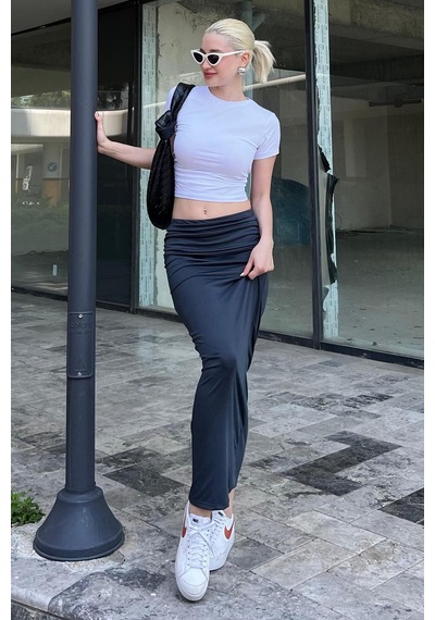 Madmext Füme Yandan Büzgülü Maxi Etek Mg2085 Füme