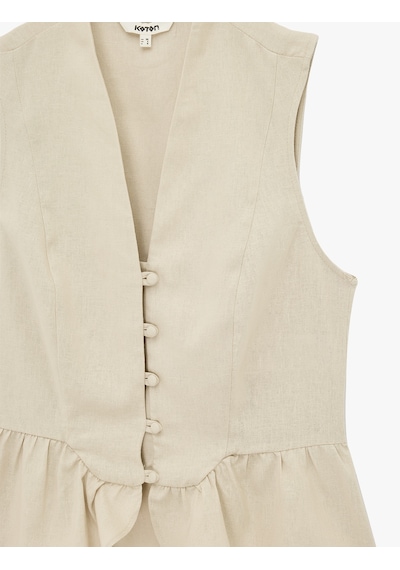 Koton Düğmeli Kolsuz V Yaka Fırfırlı Peplum Keten Bluz Bej 6sak60191ew Ekru