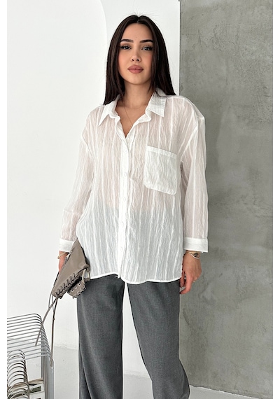 Sim Detaylı Kırışık Görünüm Oversize Gömlek Breeze Beyaz
