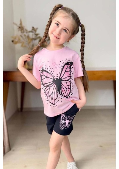 Riccotarz Kız Çocuk Puantiye Baskılı Ve Kelebek Baskılı Pembe T-shirt Şortlu Takım