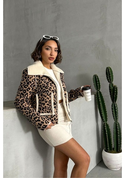 Verymoda Leopar Desenli Peluş Mont F1814 Vizon Siyah