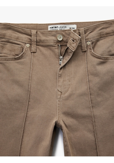 Koton Slim Fit Normal Bel Cep Detaylı Nervürlü İspanyol Paça Pantolon - Flare Jeans Kahverengi 6wal40064mw Kahve