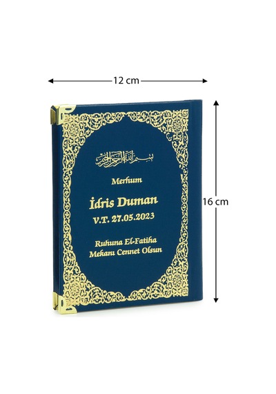 50 Adet İsim Baskılı Vav Desenli Yaldızlı Deri Ciltli Çanta Boy Yasin Kitabı Mevlüt Hediyesi 128 Sayfa Mavi
