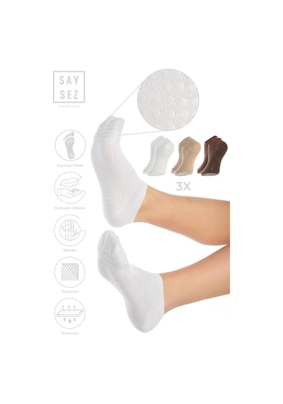Saysez Bambu Kadın Kaydırmaz Beyaz-kahverengi-bej Taban Silikon Pilates Yoga Fitness Aktivite Patik 3'lü Renkli