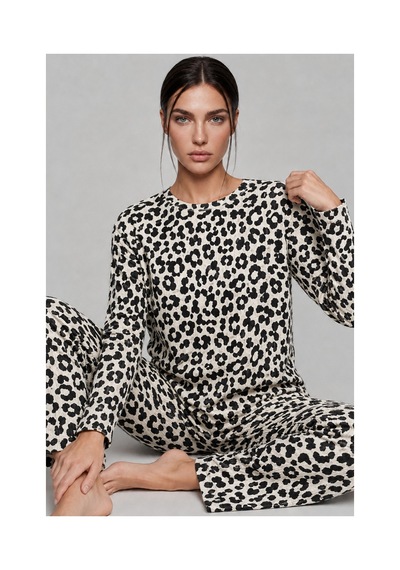 Fit Women Kadın Desenli Nefes Alan Leopar Pijama Takımı 4693 Siyah