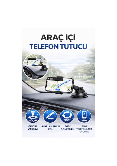 Araç İçi Telefon Tutucu Güçlü Vakumlu Ön Cam & Torpido Uyumlu Ayarlanabilir Navigasyon Tutacağı Siyah