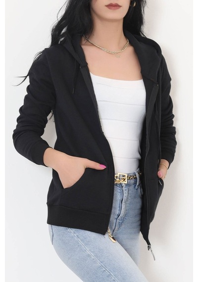 Bensu Store - Kapşonlu Fermuarlı Sweat Siyah - 11866.108. 001