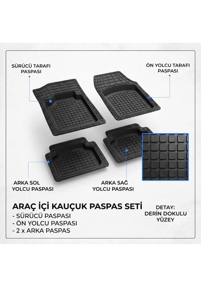 Araç İçi Paspas Seti - 4'lü Set - Karışık Desenler - Kauçuk - Kaymaz Yüzey