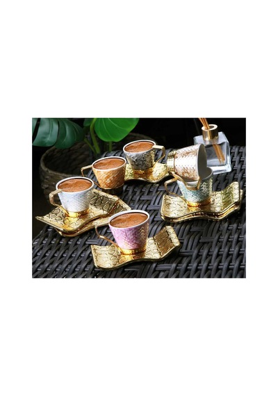 Türk Kahvesi Fincan Takımı Lüks 6 Kişilik Metal Renkli-gold Selçuklu Model Altın