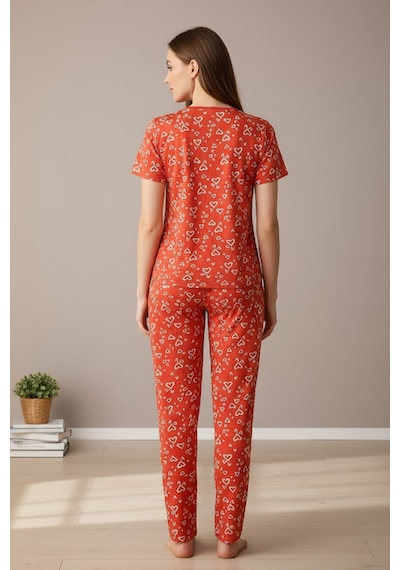 Angbutik Kadın Turuncu Desenli Fiyonklu Kısa Kollu Uzun Pijama Takımı