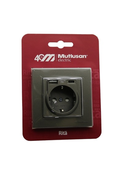 Mutlusan Rita-2220 629 0286 Antrasit Usb + Type-c Topraklı Priz Çerçeveli- 8'li Paket