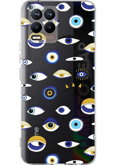 Realme 8 İle Uyumlu 1mm Slim Fit Nazar Boncuğu 2 Baskılı Şeffaf Kılıf Şeffaf