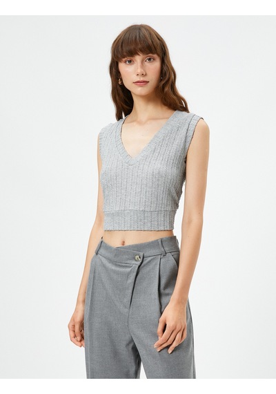 Koton Crop V Yaka Atlet Gri 3sak10254ek Gri