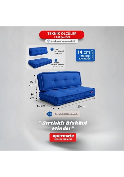 2'li Yer Minderi 60x120x14 Cm Palet Minderi, Bahçe Minderi, Oturma Minderi, Balkon Takımı Minderi Mavi Diğer