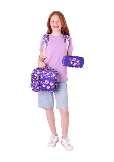 Kaukko Kids Kız Çocuk - Mor Pullu Şekerleme Desenli - Okul Çanta Seti Sırt Çantası+beslenme Çantası+kalemlik Mor