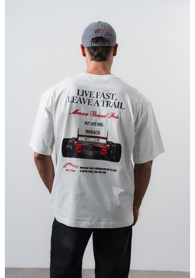 Respire Erkek Live Fast Baskılı Oversize T-shirt Ekru