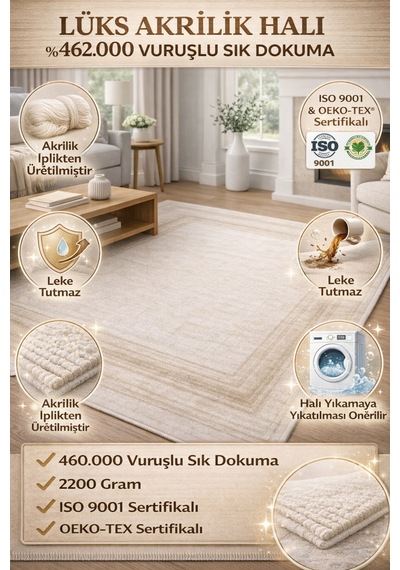 Lüks Krem Akrilik Halı 462.000 Vuruş Sık Dokuma 2200 Gr Leke Tutmaz Modern Salon Halısı