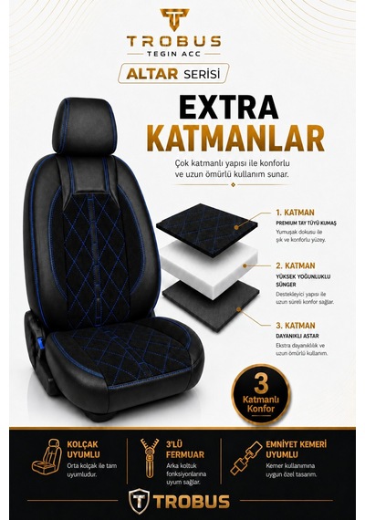 Opel Astra H 2004-2013 Uyumlu Altar Serisi Tay Tüyü Oto Koltuk Kılıfı Siyah Mavi