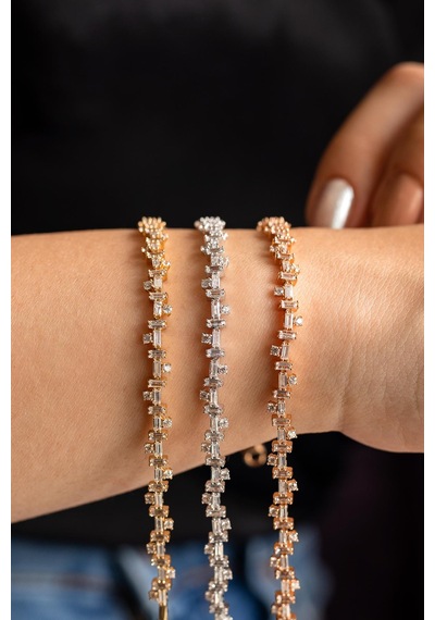 Asimetrik Baget Taşlı Rose Gold Altın Bileklik Pembe Altın