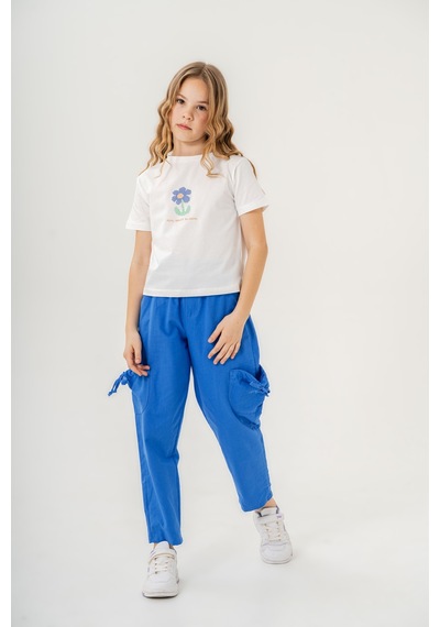 Mısstuffy Kız Çocuk Pamuklu T-shirt Keten Pantalonlu Yazlık Takım 6-9 Yaş Beyaz - Mavi Mısstuffy Kız Çocuk Pamuklu T-shirt Keten Pantalonlu Yazlık Takım 6-9 Yaş Beyaz - Mavi