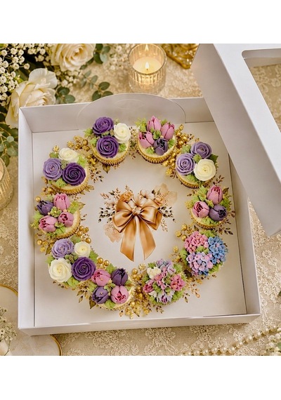 Mini Cupcake Kutusu 10 Bölmeli Kurdela Detaylı Çelenk 21x21x8