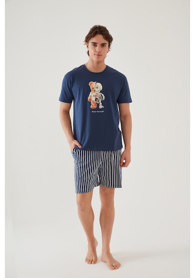 Erkek Pamuklu Mavi Baskılı Cepli Şort Pijama Takımı Ke30320 Mavi - Beyaz