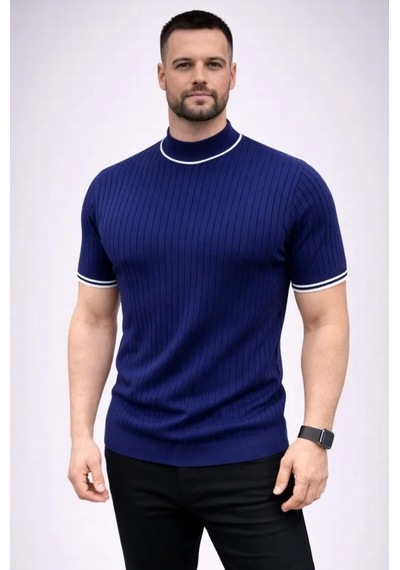 Suma Erkek Fitilli Triko Dokuma Kısa Kol Tişört Yarım Boğaz Modern Yazlık T-shirt - Lacivert