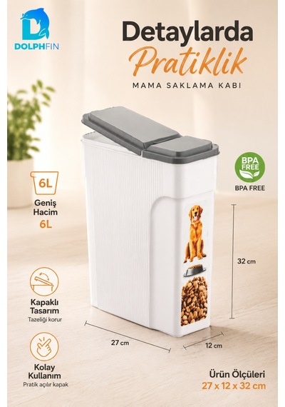 6 L Kapaklı Kedi Köpek Mama Saklama Kabı Bpa Free Dar Form Beyaz Gri Çok Renkli