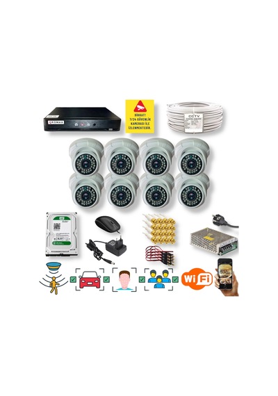 8 Kameralı Set - Araç İnsan Yüz Tanımalı Hareket Algılayan Gece Görüşlü 36 Ir Led 5mp Sony L Hd Dome İç Güvenlik Kamerası 51982503