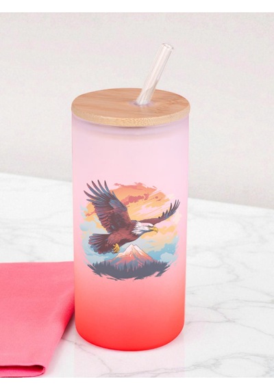 Kartal Baskılı 600 Ml Cam Matara- Su Matarası, Suluk Matara, Cam Pipetli Matara Kırmızı