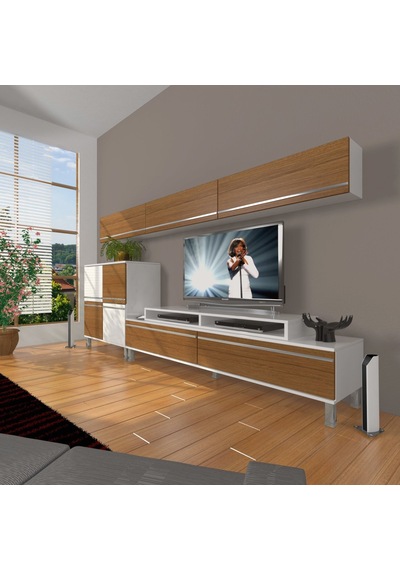 Decoraktiv Ekoflex 8 Mdf Krom Ayaklı Tv Ünitesi Tv Sehpası Beyaz - Ceviz
