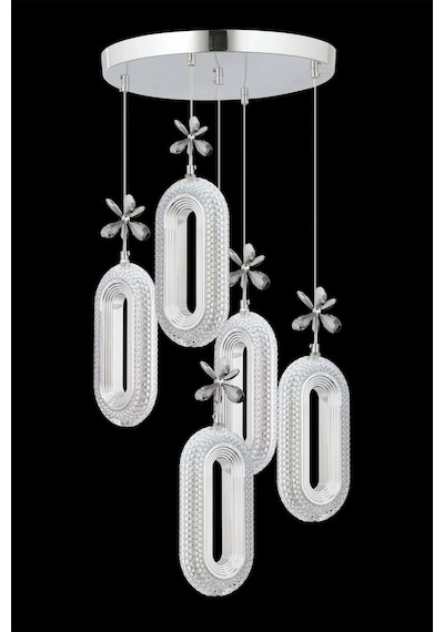 Led Alfa 5'li Gümüş 3 Renk Ledli Kristal Taşlı Modern Led Avize Krom